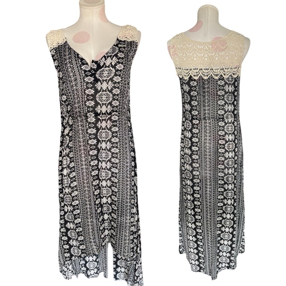 Red Ranch Western Style High Low Sun Dress with Crochet Detail - Medium